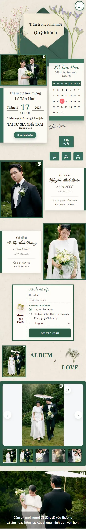 Mẫu thiệp cưới online số 008 với phong cách màu xanh lá và hiệu ứng mở bao thư