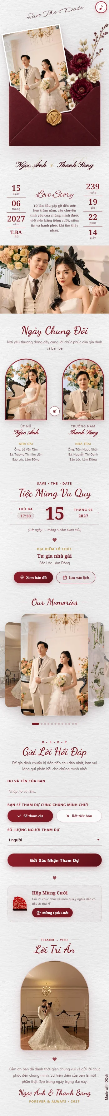 Mẫu thiệp cưới online số 011 với phong cách botanical và phong bì mở sang trọng