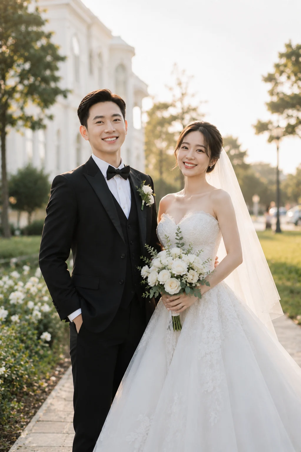 Ảnh cưới cô dâu chú rể vẫy tay